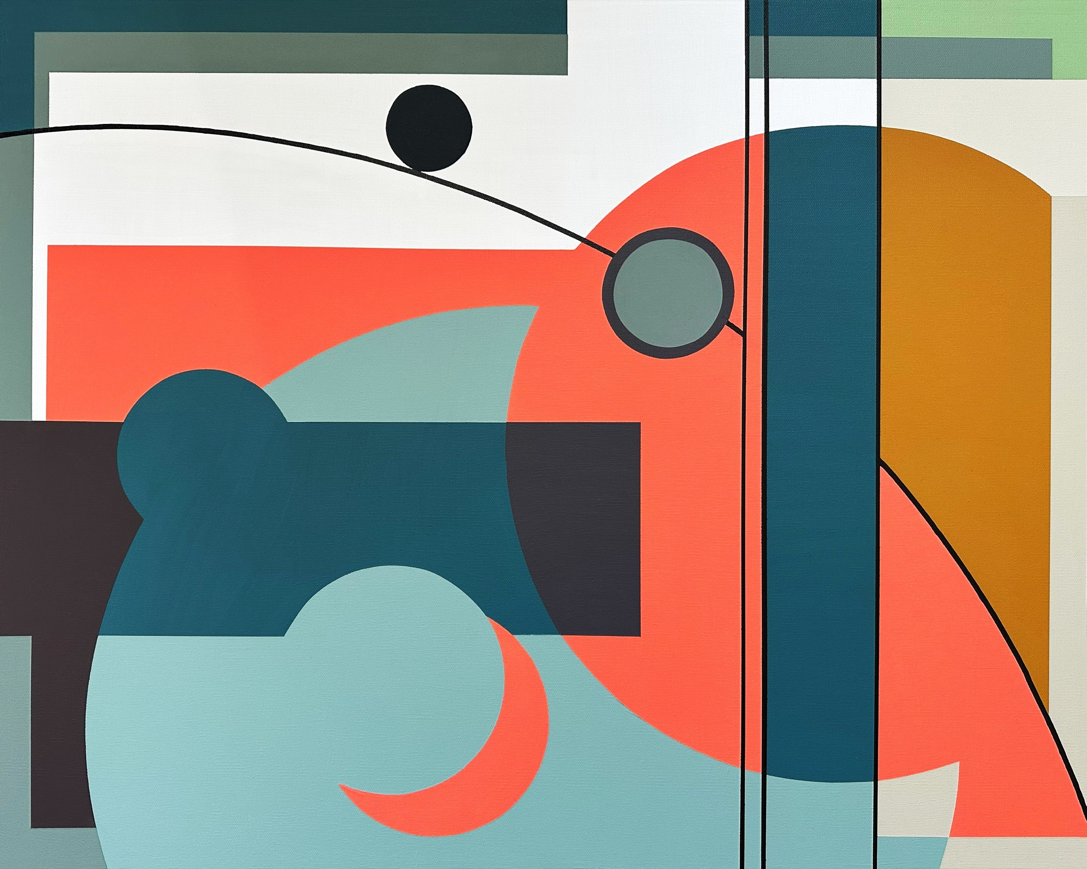 Original painting supplied by Tom Tolley: coral, teal and pale green geometric forms with black arcs and horizontal bands.