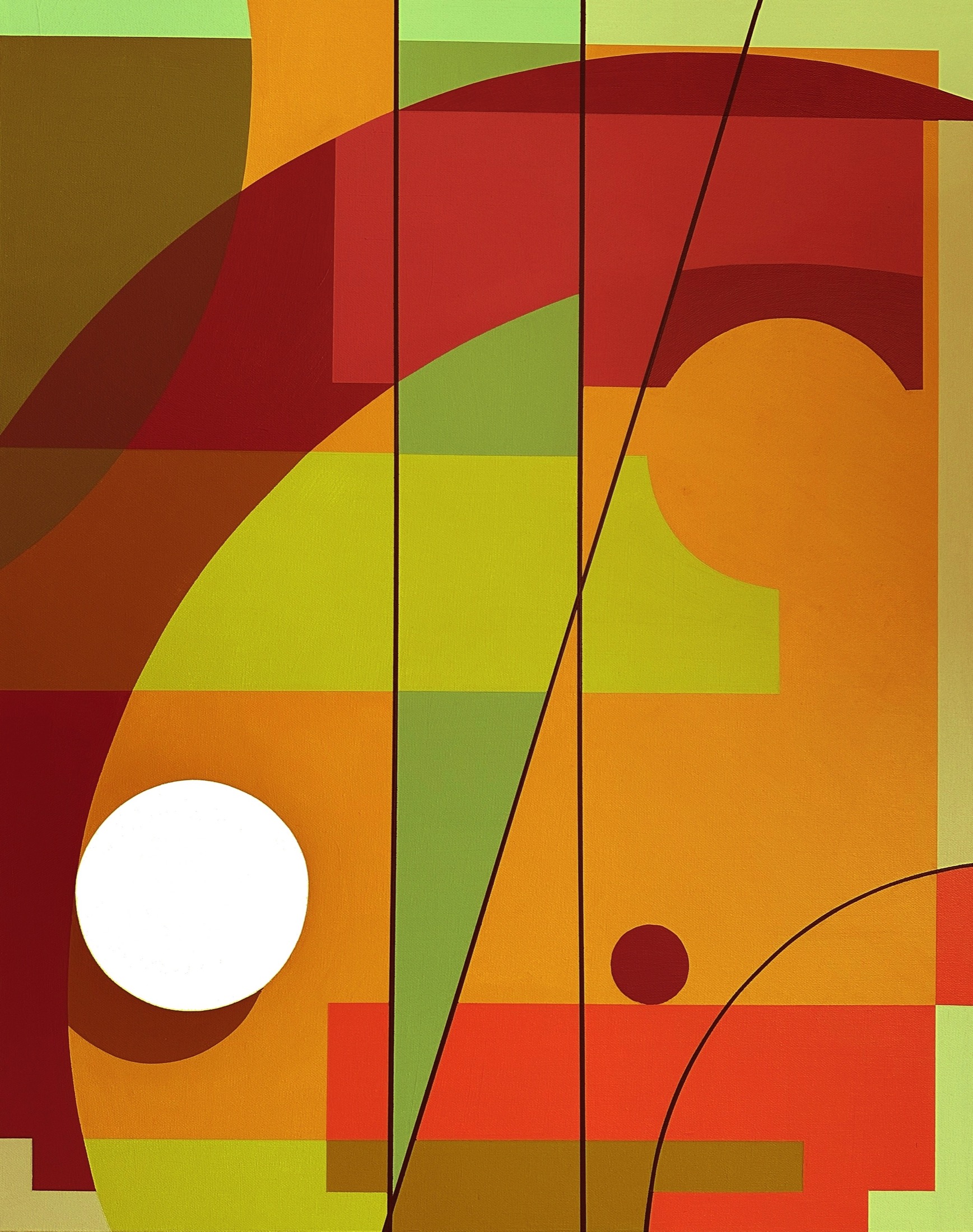 Original painting supplied by Tom Tolley: orange, red and lime geometric forms, two horizontal black lines and a white circle.